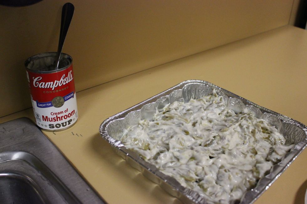 Spread bean mixture in casserole dish or aluminum pan.