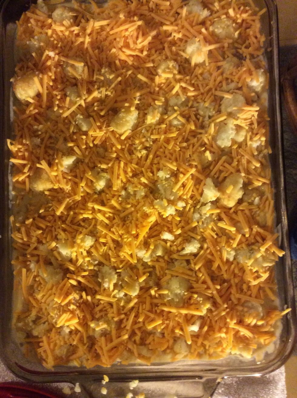 Spread cheddar cheese over the top of everything