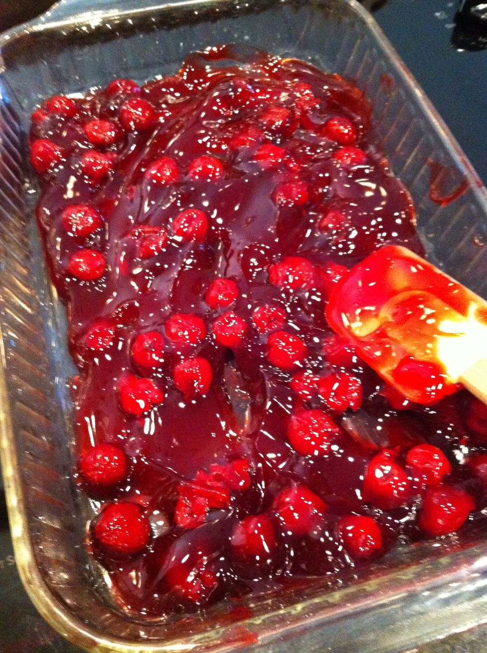 Spread cherry pie filling on bottom of 13x9 baking dish