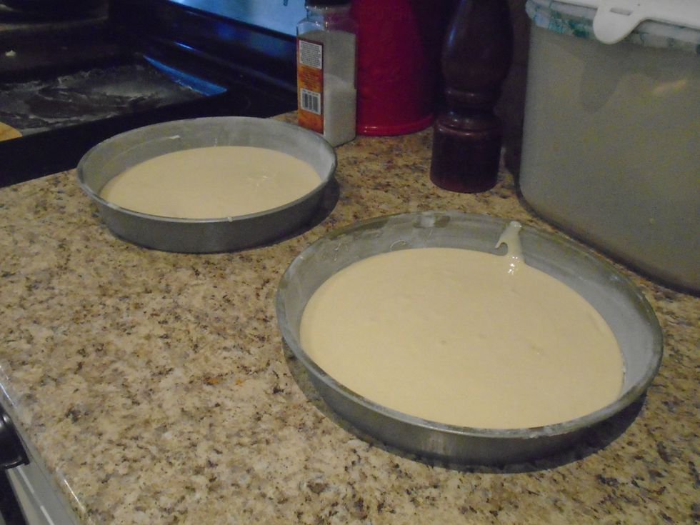 Spread Crisco on the entire inside of the pan. Than use flower to coat the inside and pour remaining flower into a sink. Pour your cake batter into the pans making sure to make it as even as possible.