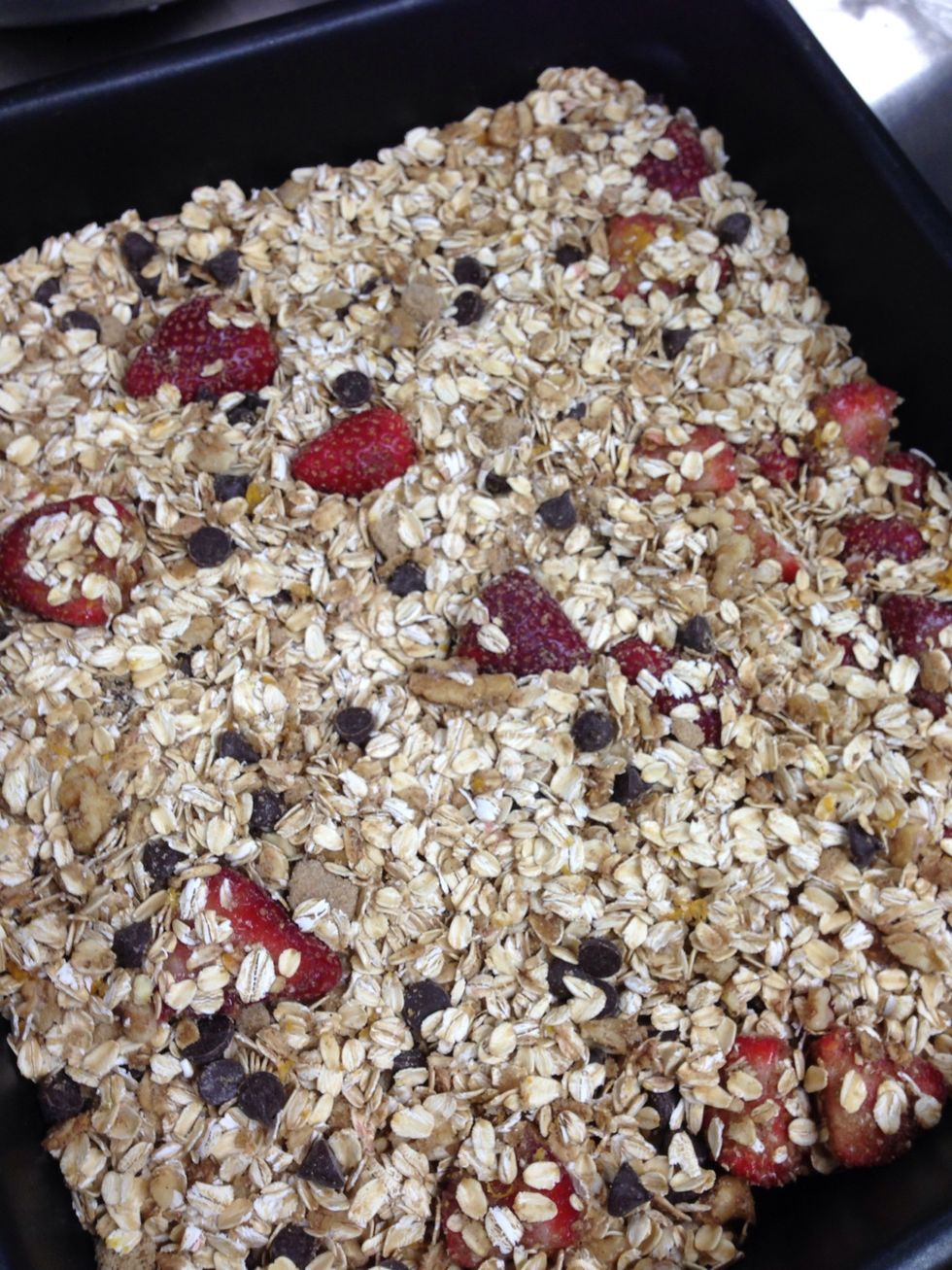 Spread dry mixture into a 10-1/2 x 7 inch pan.