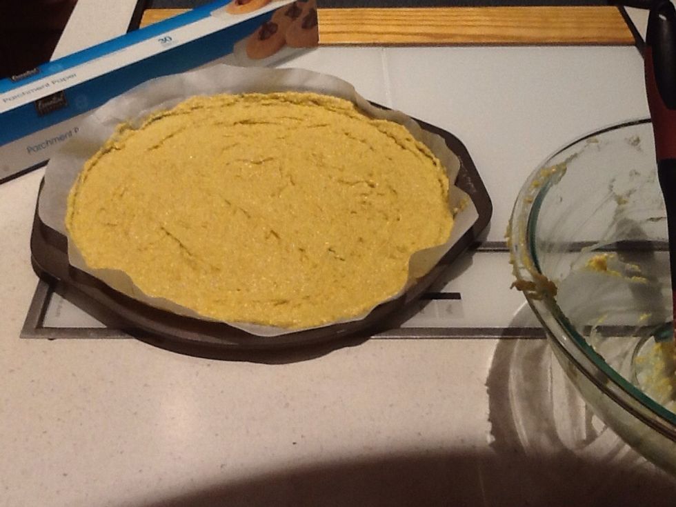 Spread gooey "dough" on parchment. Bake 15 min in 350\u00b0 oven.