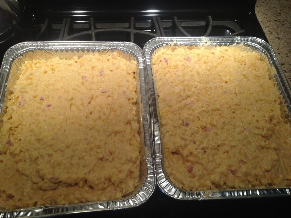 Spread in a greased baking dish and bake at 350* F for 45-60 mins until lightly browned on top and bubbly.