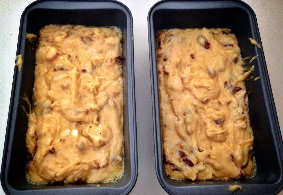 Spread in pans sprayed with non-stick spray. Bake at 350 degrees for about an hour. (Test with a toothpick.)