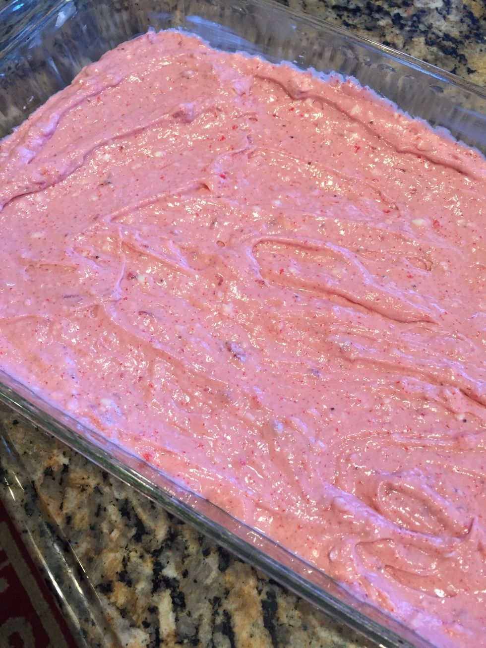 Spread into a 9x13 dish and bake at 350\u00b0 for about 30 minutes. This mixture makes enough for a 9x13 and one smaller square pan. Or three small square pans