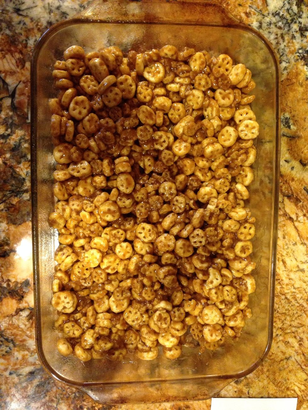 Spread into a greased 9x13 pan, and refrigerate for 15-20 min.
