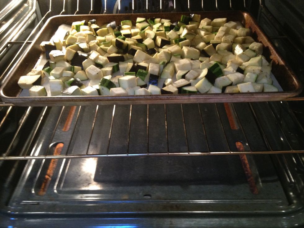 Spread into an even layer on a oiled baking sheet. Place in the oven to roast (about 30 minutes).