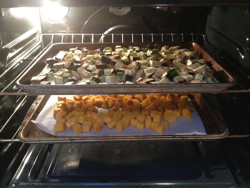 Spread into an even layer on a oiled baking sheet. Place in the oven to roast. The reason the squash is separated from the eggplant/zucchini mixture is that the cooking time varies.