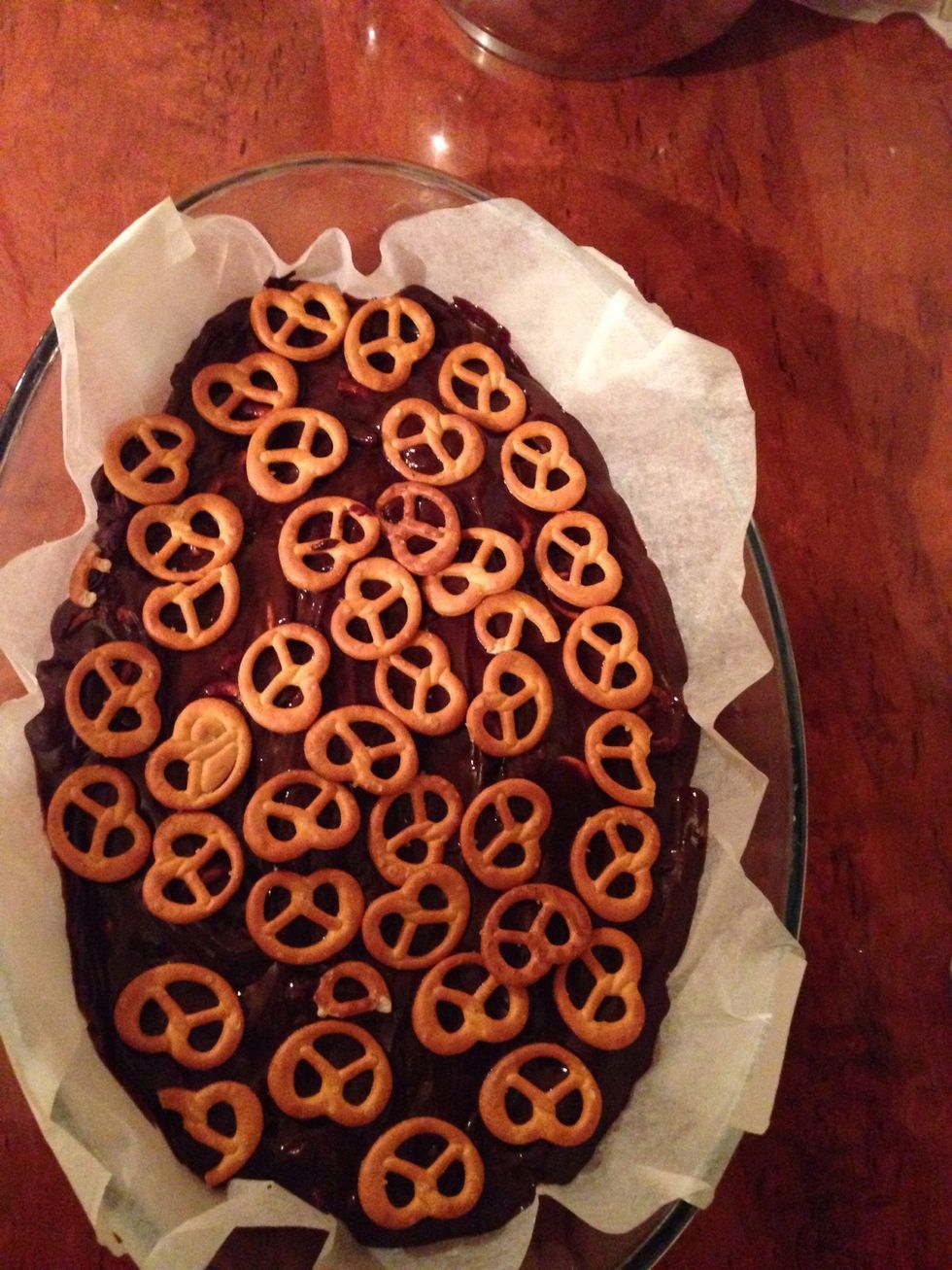 Spread it over a greased and lined pan and add some whole pretzels on top, take to the fridge for 4-6 hours, better overnight