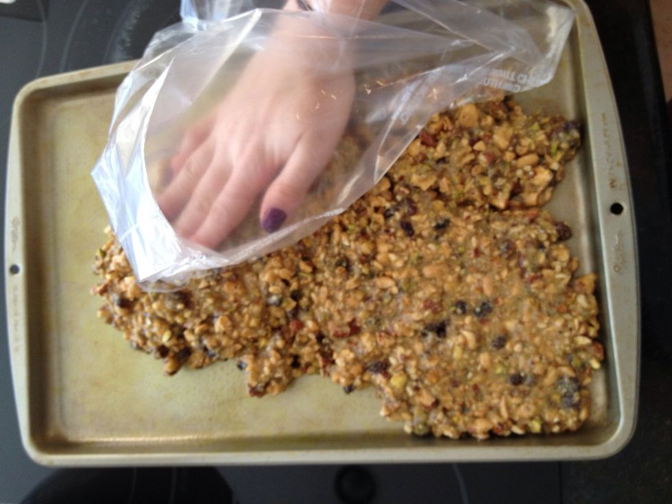 Spread mix flat onto sheet. A plastic bag works well so you can use your hands rather than a spoon.