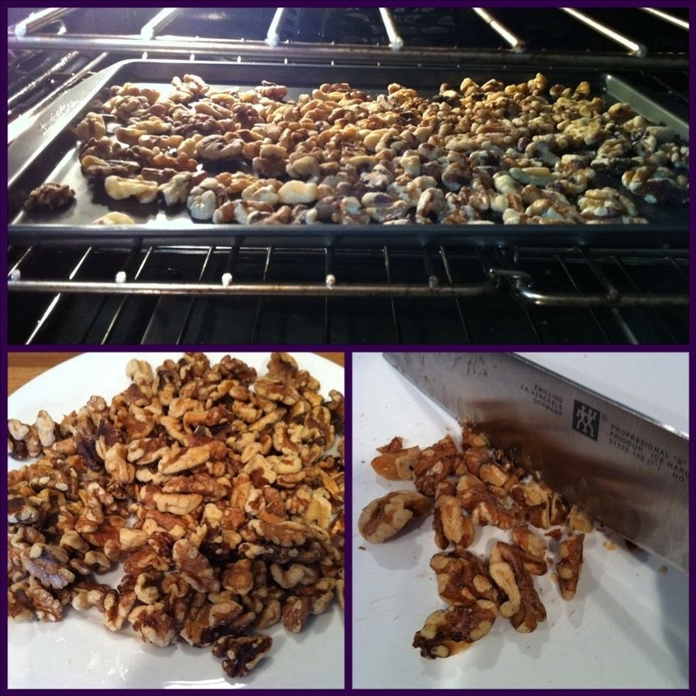 Spread nuts in a single layer on a baking sheet and place them in the oven for 10-12 mins.shake the pan a couple of times during the process and watch they don't burn. Transfer to a plate to cool.Chop