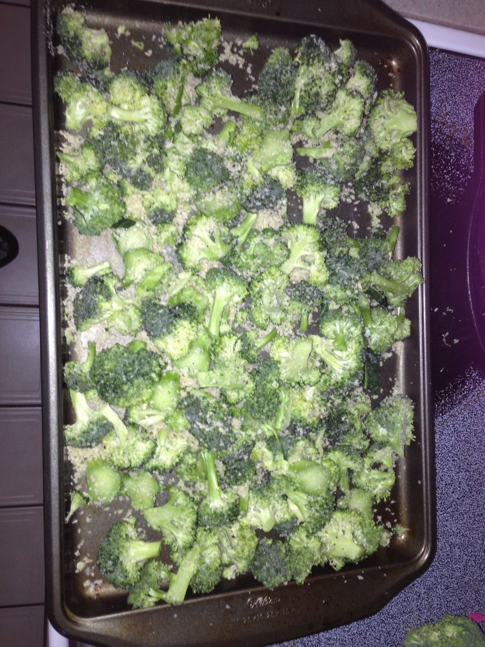 Spread on a cookie sheet in a single layer. Cook for 10 mins or till the broccoli is tender to your liking.