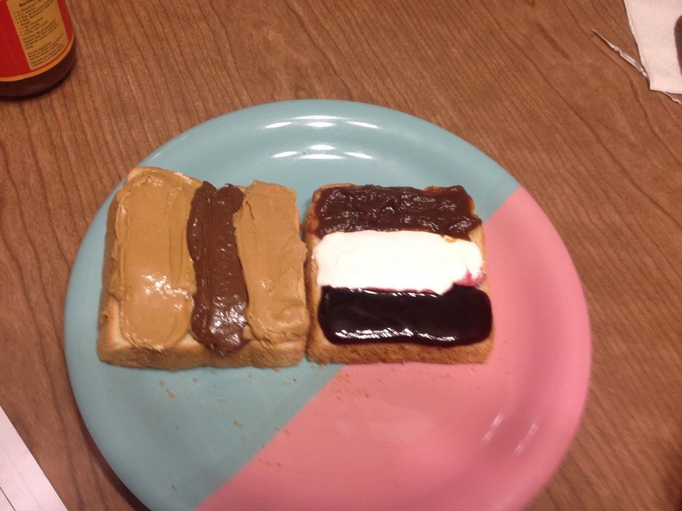 Spread one strip of jam on the remaining third of the bread.