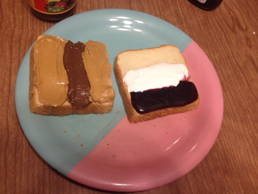 Spread one strip of Marshmallow fluff in the center of the bread.