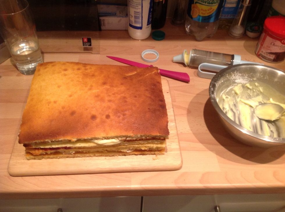 Spread onto the top layer and add the last trimmed layer of sponge