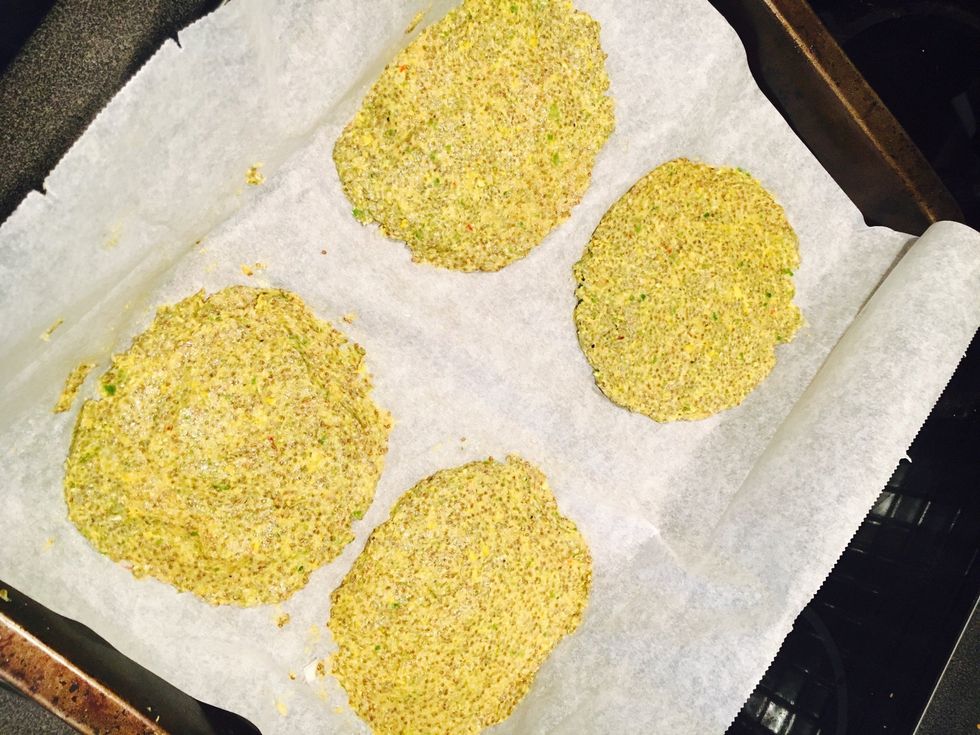 Spread out in circles on the baking tray. (Solid circles. Thin, but not too thin so you're able to flip them later)
