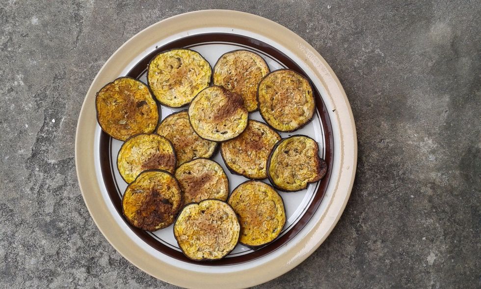 Spread out on foil on flat baking tray like pizza pan. Bake for ten minutes, flip and bake for a couple minutes and turn off oven. The aim is to brown them.
