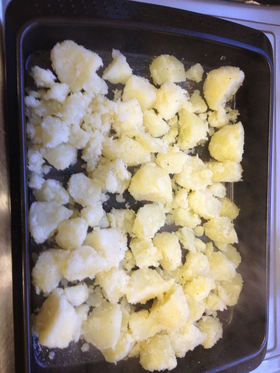 Spread out on your baking tray season with salt and freshly ground pepper, a nice drizzle of olive oil and if you want to add herbs at this point like rosemary you can, but my kid doesn't like it :0)