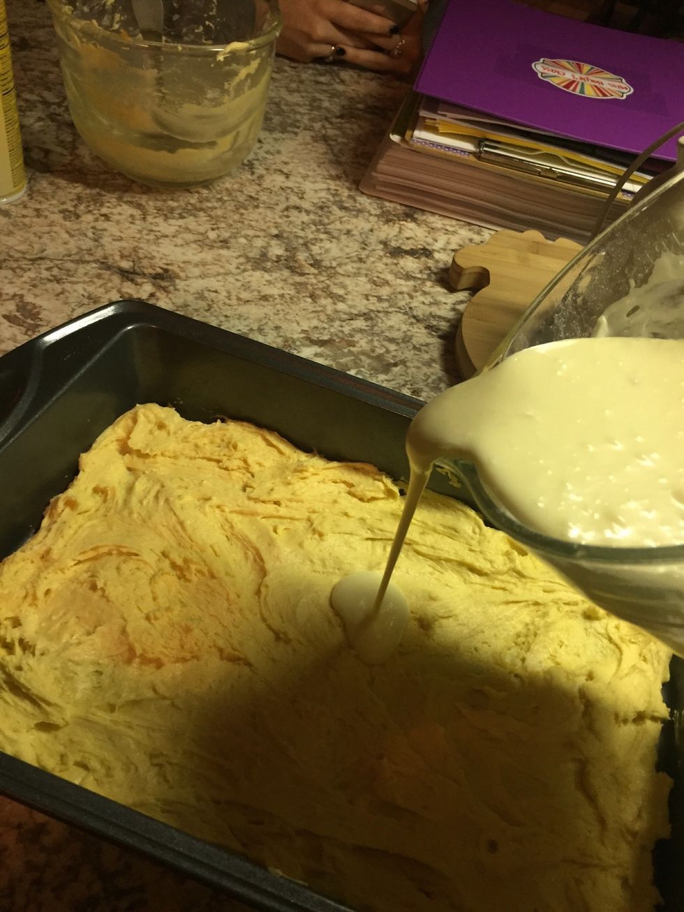 Spread over cake batter in 13-by-9 inch pan