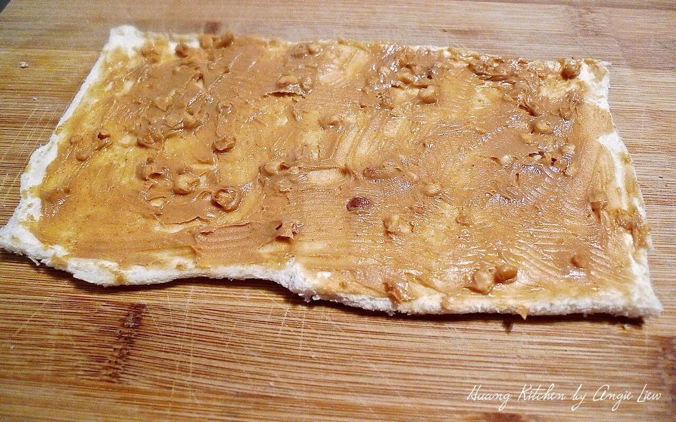 Spread peanut butter (or your favourite spread) on top of the rolled bread.