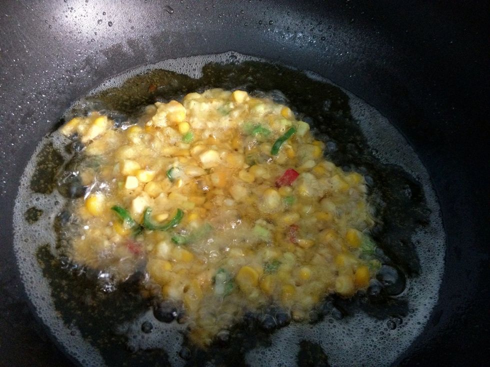Spread some of the mixture and pan-fried it.  I pan-fried my fritters with canola or sunflower oil. But using other kind of oil will do ok. Fry 2-3 minutes on each side.