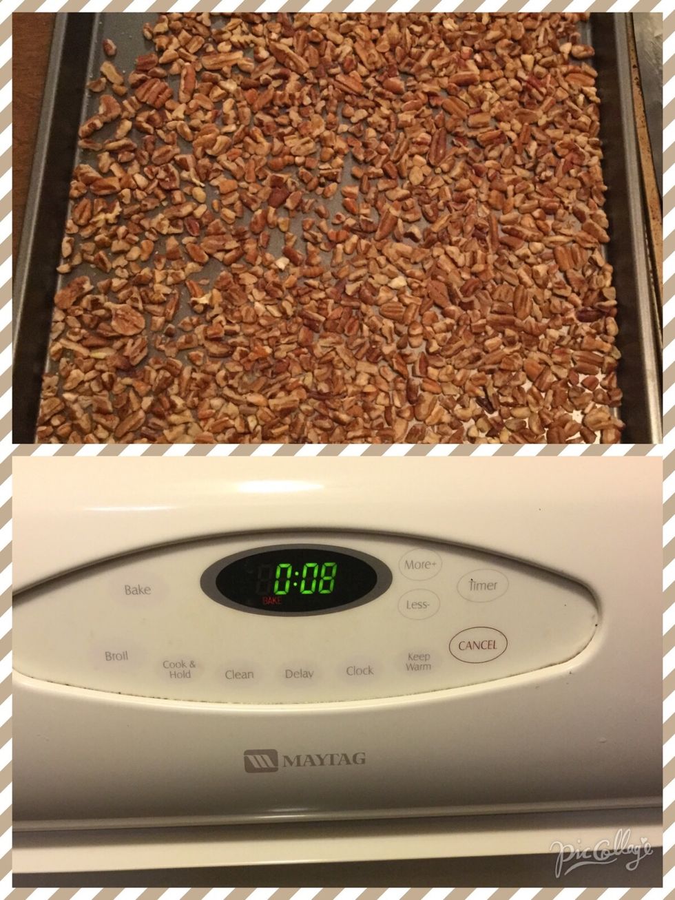 Spread the 2 cups of pecans on the baking sheet then put in the oven for 8 minutes