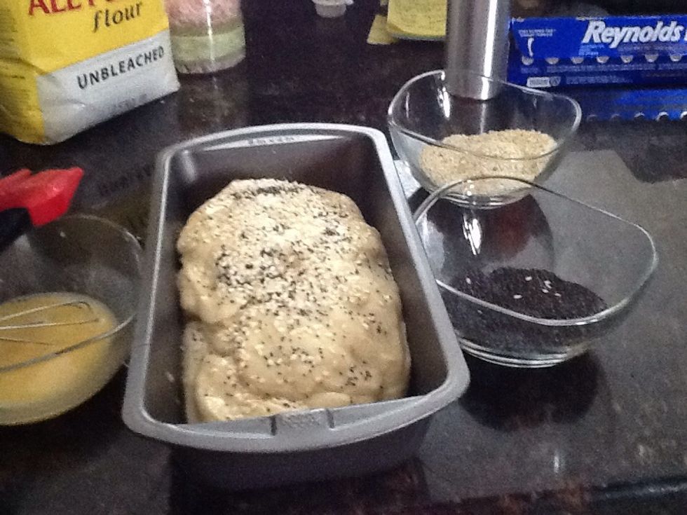 Spread the egg across the top of the loaf and sprinkle the sesame and poppy seeds across top of the loaf. Next, bake the loaf for 25-30 minutes.