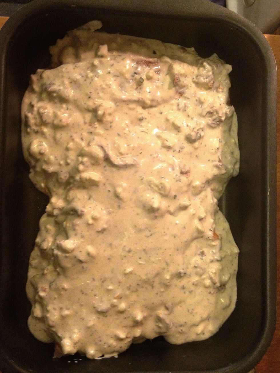 Spread the mix on top of the salmon. Cook in the oven for about 15 minutes.