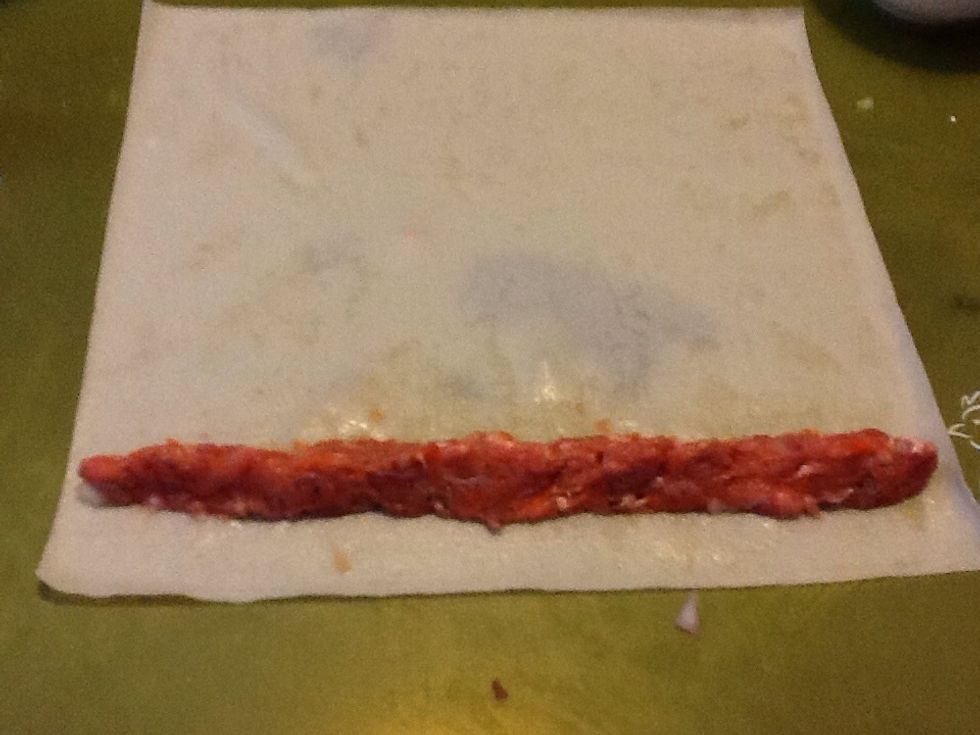 Spread the mixture into a long thin line near the bottom of the wrapper.