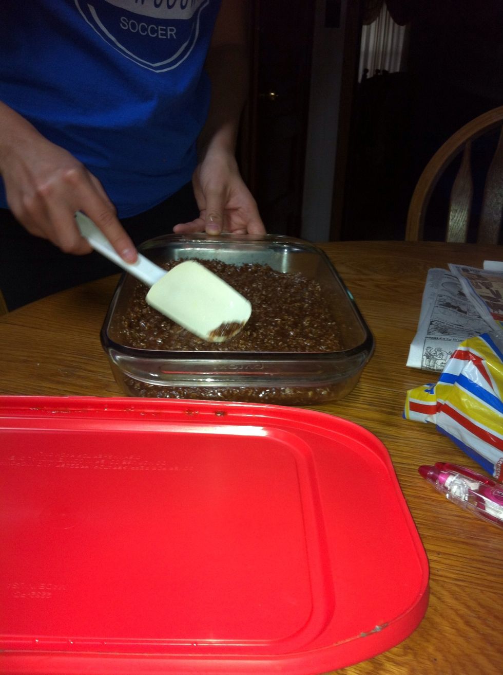 Spread the no-bake to where it covers the bottom of the glass pan.