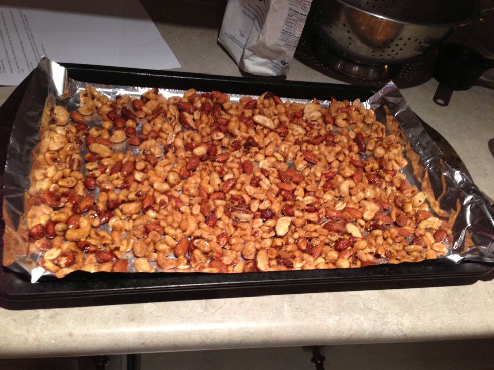 Spread the nuts on the tray. If possible use parchment paper. I was out and my neighbor wasn't home to borrow some.