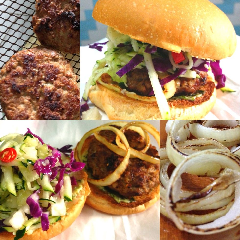 Spread the toasted buns with the cilantro butter and layer ur homemade burger with the homemade patty, caramelized onions and the salad and pickled daikon in between and nom nom nom :) enjoy :)