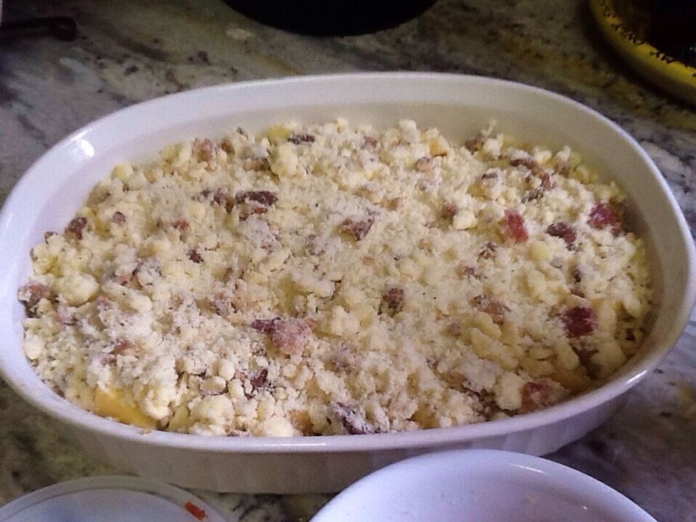 Spread topping evenly over apples, and bake for 30 minutes, or until topping turns golden brown.