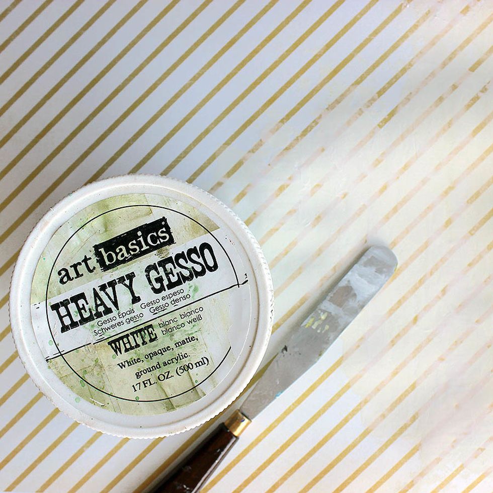 Spread white gesso on your background with a palette knife. Limit to a triangle-shaped area slightly larger than your photo. Dry.