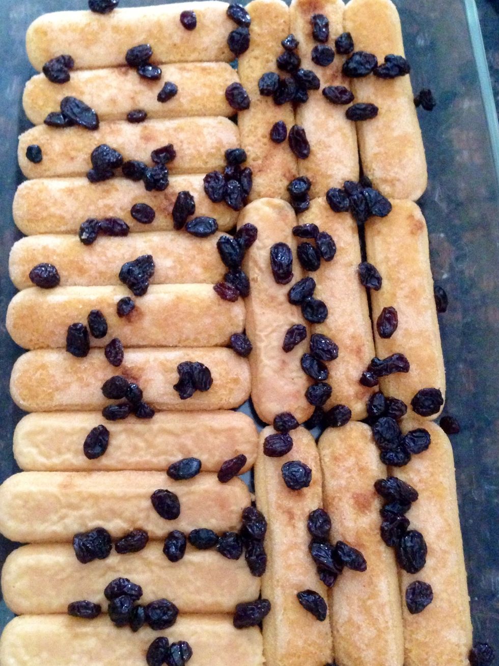 Sprinkle 1/2 the amount of cooled raisins onto the first layer of lady fingers.