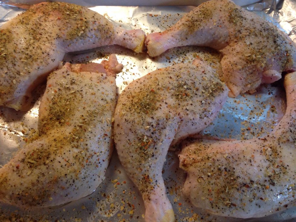 Sprinkle a generous amount of spices over chicken. Cook in preheated 400 oven for 50-60 minutes.