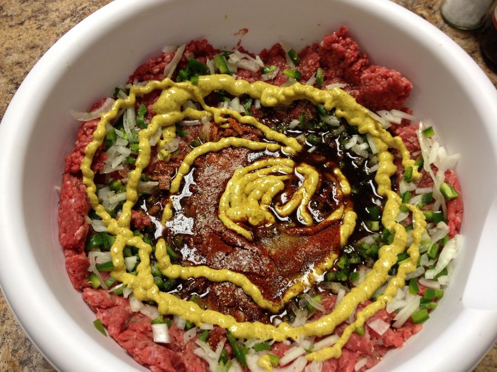 Sprinkle all dry and wet ingredients thusly. Your pallet is different from mine so I will leave the proportions to you. don't get crazy on the liquid smoke or the chili powder. They are very strong.