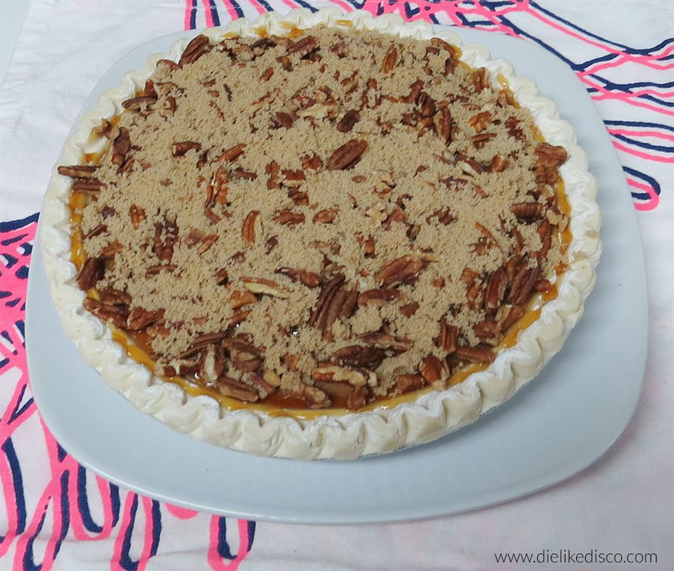 Sprinkle an even coating of brown sugar on top and pat it down in to the pecans. You can use as much or as little as you like. More brown sugar will give it more of a pecan pie texture and flavor.