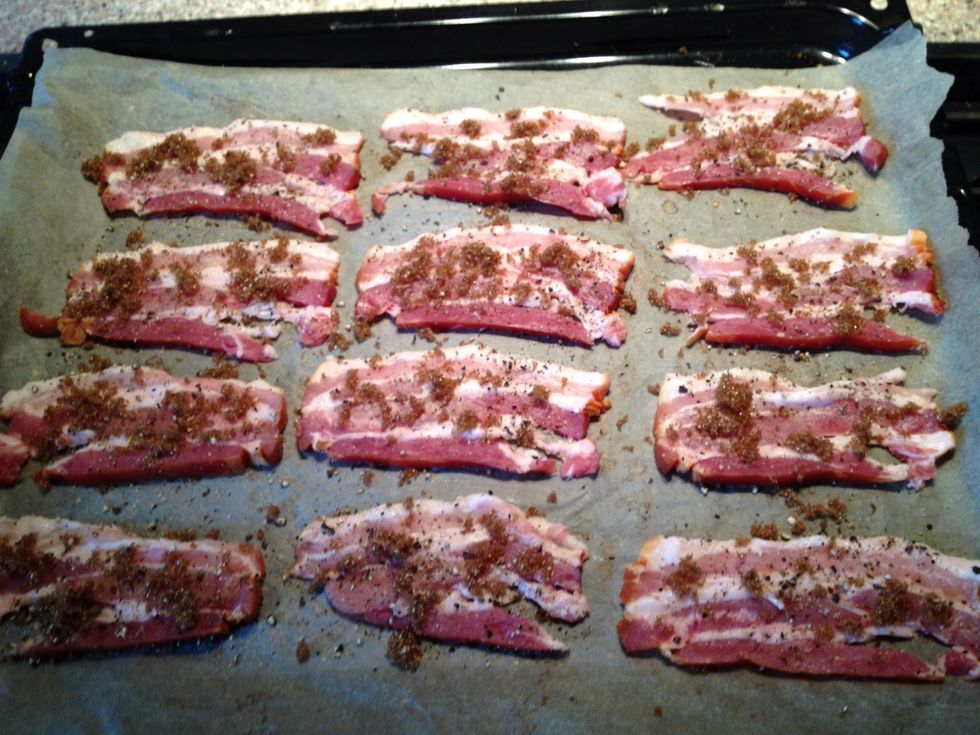 Sprinkle bacon with brown sugar and pepper