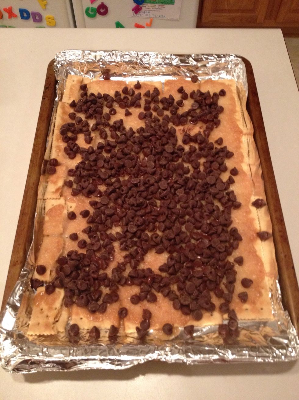 Sprinkle chocolate chips over mixture. Yes - the entire bag!