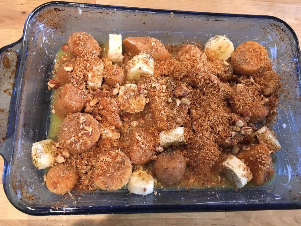 Sprinkle coconut and the nuts.