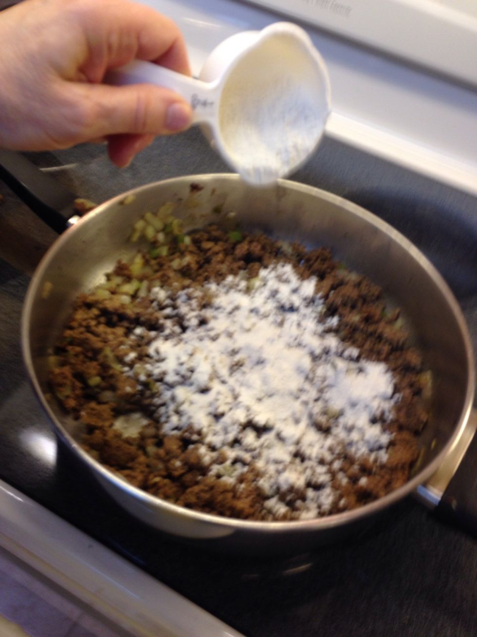 Sprinkle flour and stir in evenly for thickening...