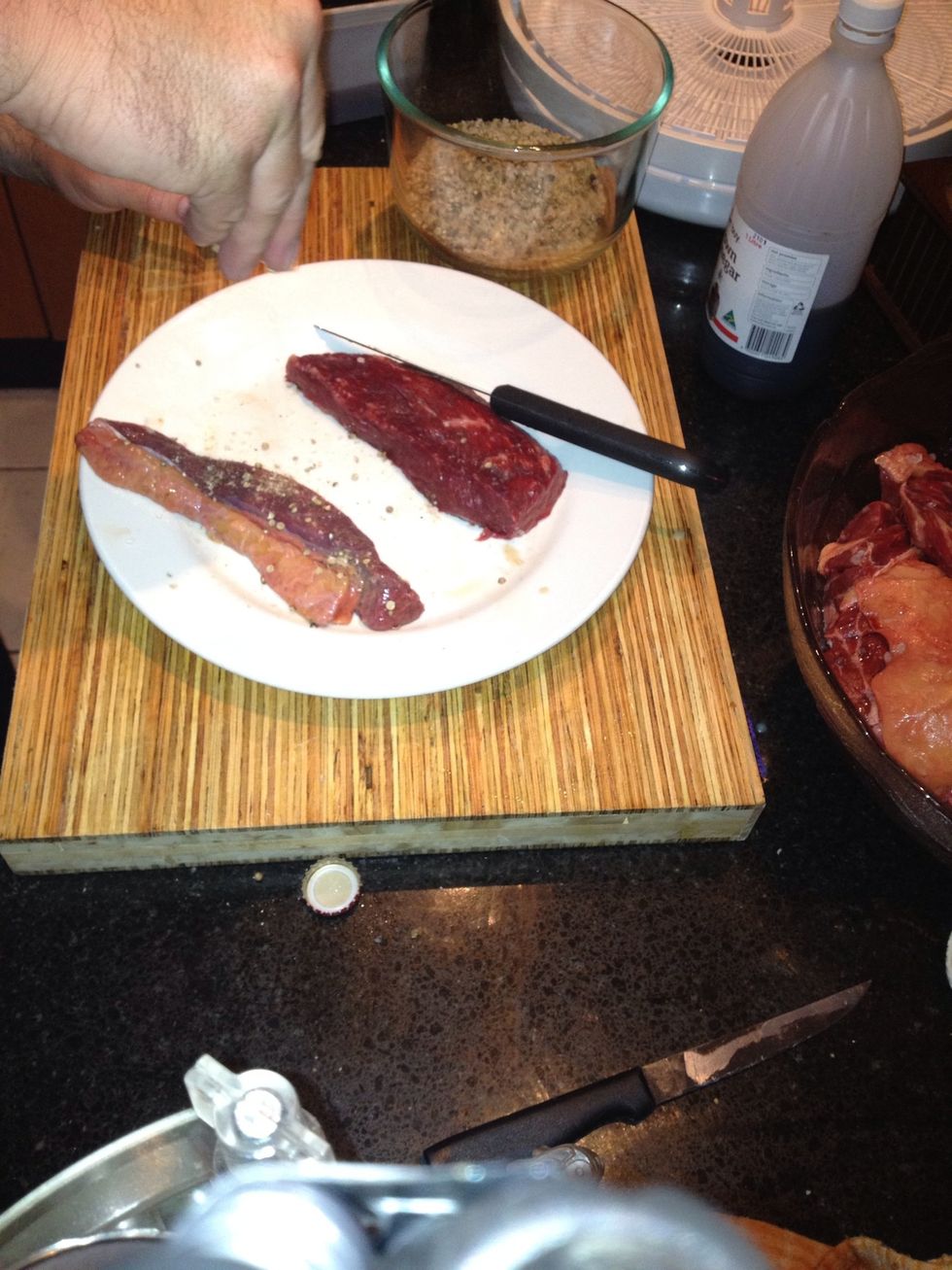 Sprinkle on your spices again less is more press it in to the meat