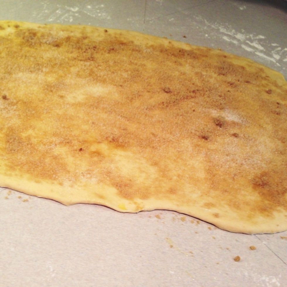 Sprinkle over the butter: 3 tablespoons granulated white sugar and 1/4 cup brown sugar.