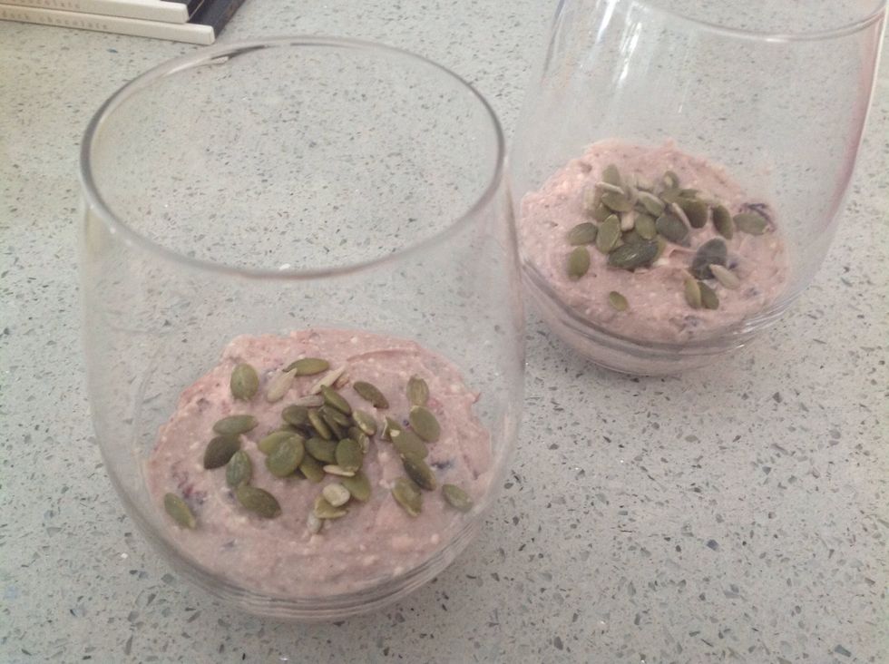 Sprinkle pumpkin seeds and sunflower seeds over the ricotta mixture and refrigerate to keep the ricotta mixture fresh.