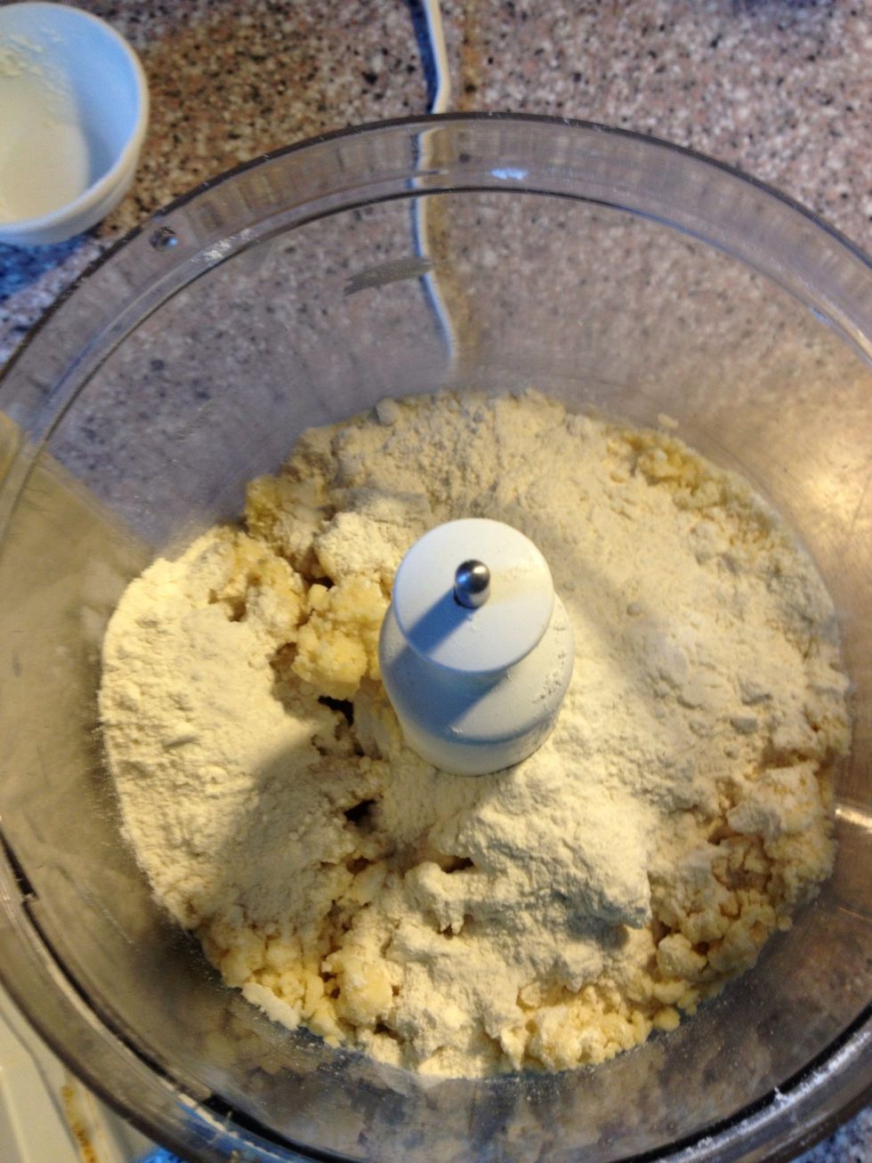 Sprinkle remaining 1/2cup flour over the dough and pulse until mixture has broken up into pieces and is evenly distributed around bowl, 4 to 6 pulses.
