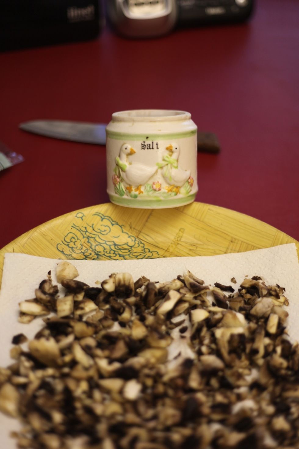 Sprinkle salt all around the mushrooms and set aside, covered with another paper towel.