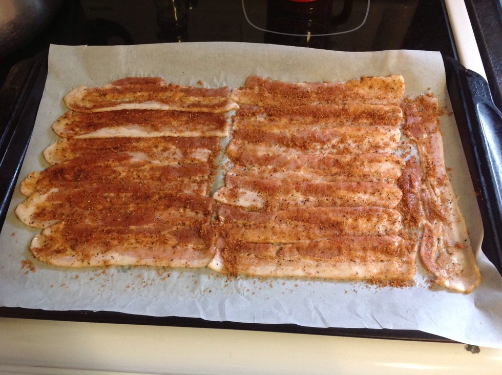 Sprinkle Spice Blend over Bacon and rub it in.