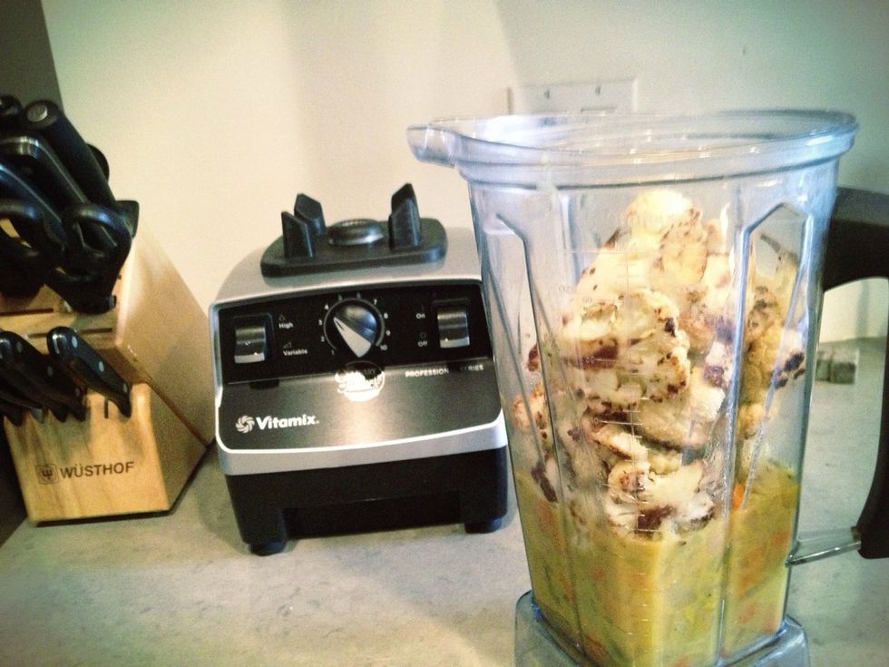 Sprinkle the cauliflower with salt then into the vitaMix along w/the softened veggies... Add more broth as needed. If you are using an immersion/stick blender, put all the ingredients into a deep pot.