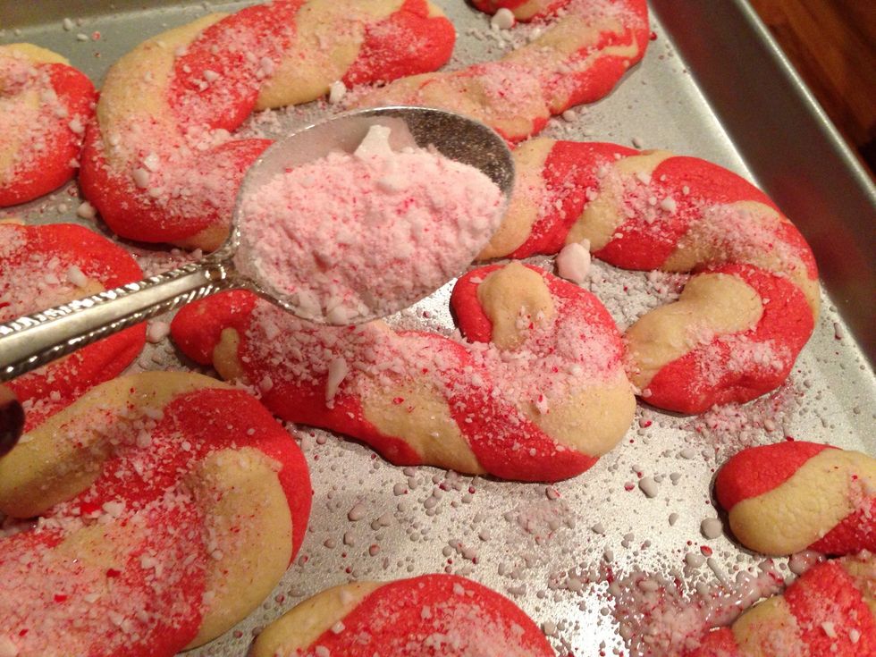 Sprinkle the crushed candy as soon as their out of the oven